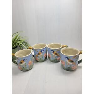 4 Vintage Majolica Ceramic Mugs, Raised Birds Cattails & Lotus